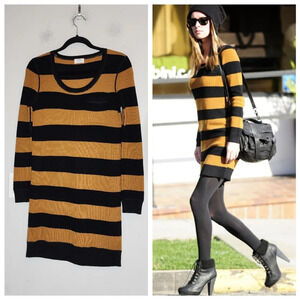 Madewell Wallace Merino wool stripe sweater dress. Black mustard. Size small.
